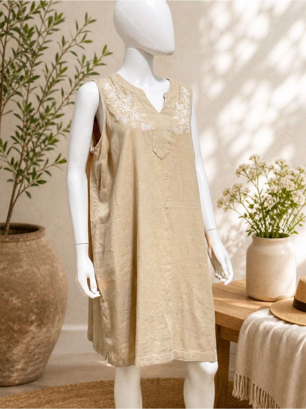 croft & barrow Large Linen Dress Beige Sleeveless Embroidered Midi